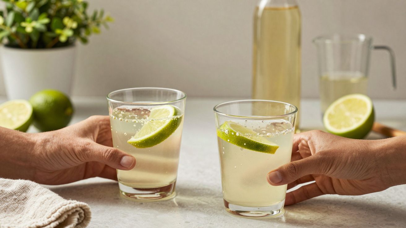 Duas mãos segurando copos de limonada com gelo e fatias de limão em uma mesa com planta e limões ao fundo.