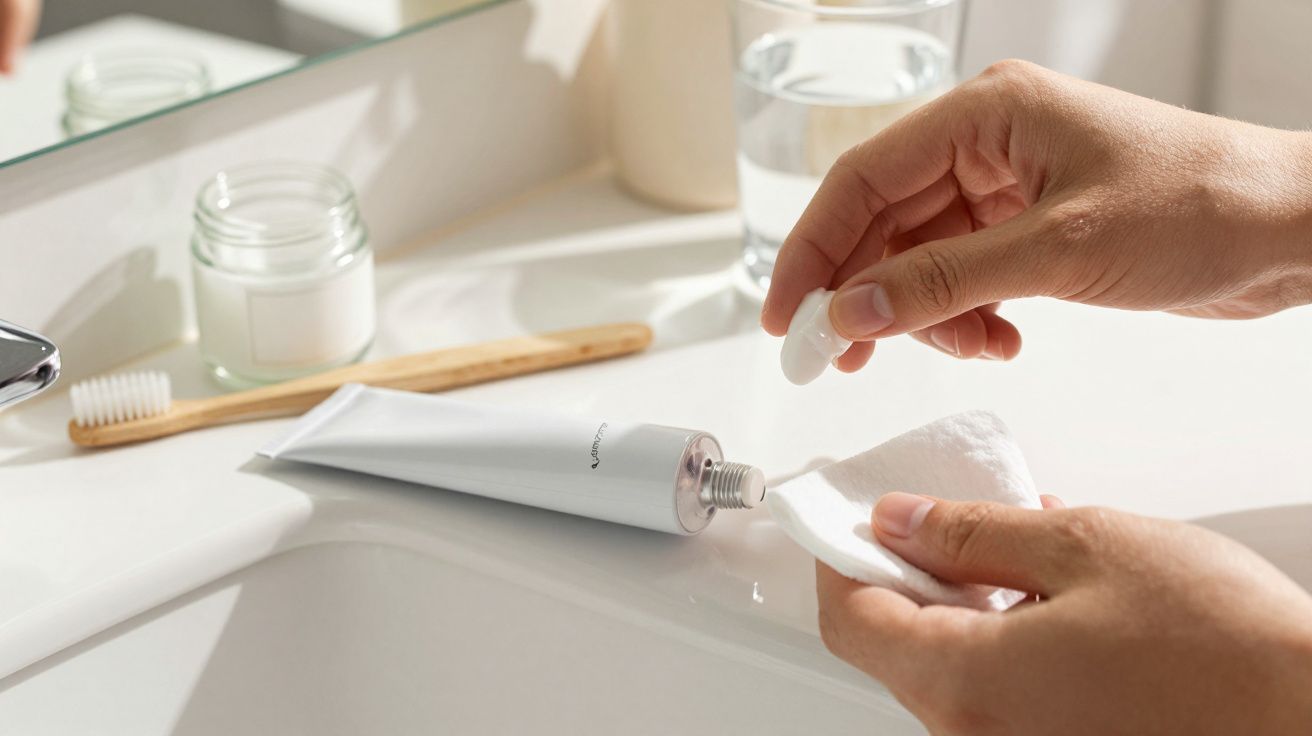 Mãos segurando tampa de creme dental em pia, escova, copo e vela ao fundo.