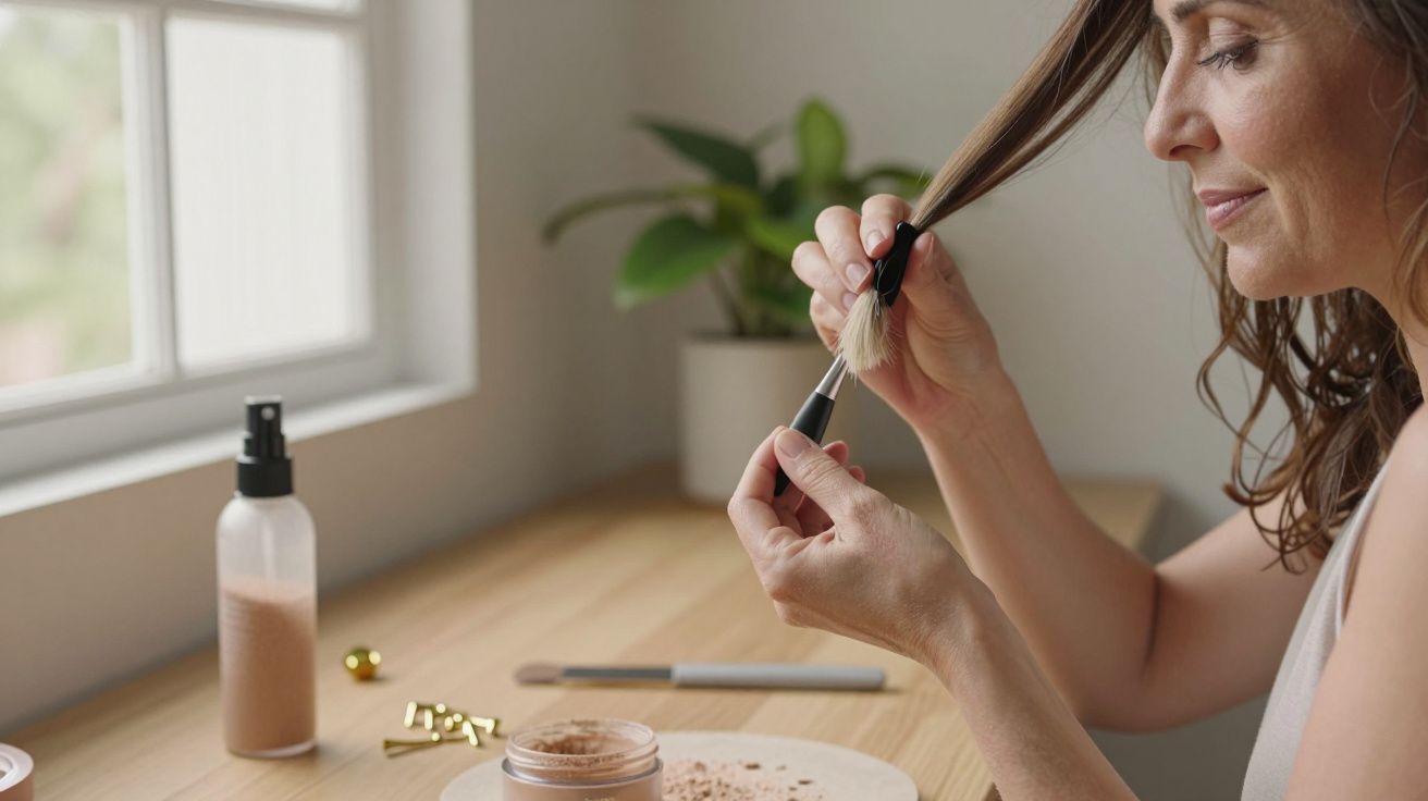Mulher aplicando maquiagem com pincel em penteadeira perto de janela, planta ao fundo.
