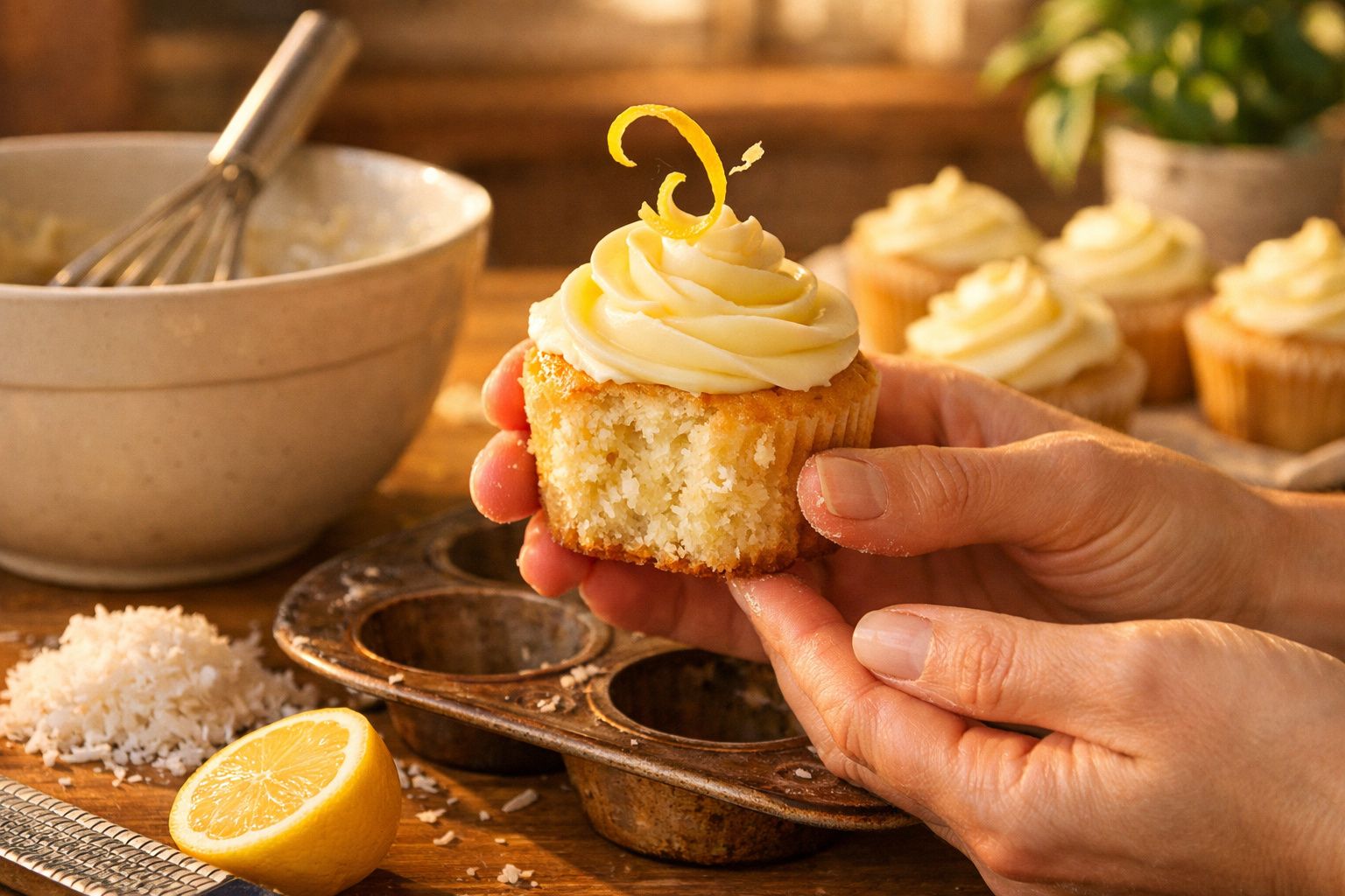 Mãos segurando cupcake de limão com cobertura cremosa, decorado com raspas. Forma de cupcakes e ingredientes ao fundo.