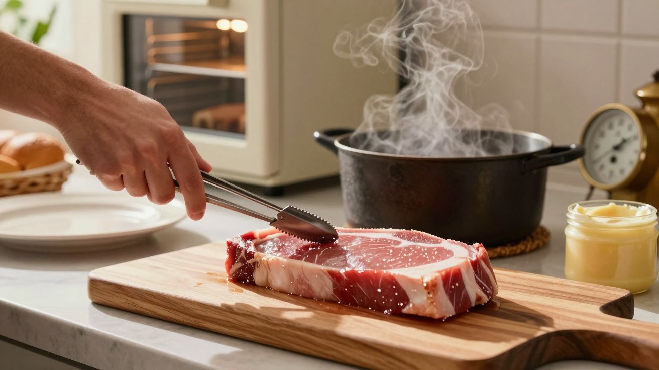 Pessoa segura bife cru com pinça em tábua de madeira, enquanto panela solta vapor ao fundo em uma cozinha.
