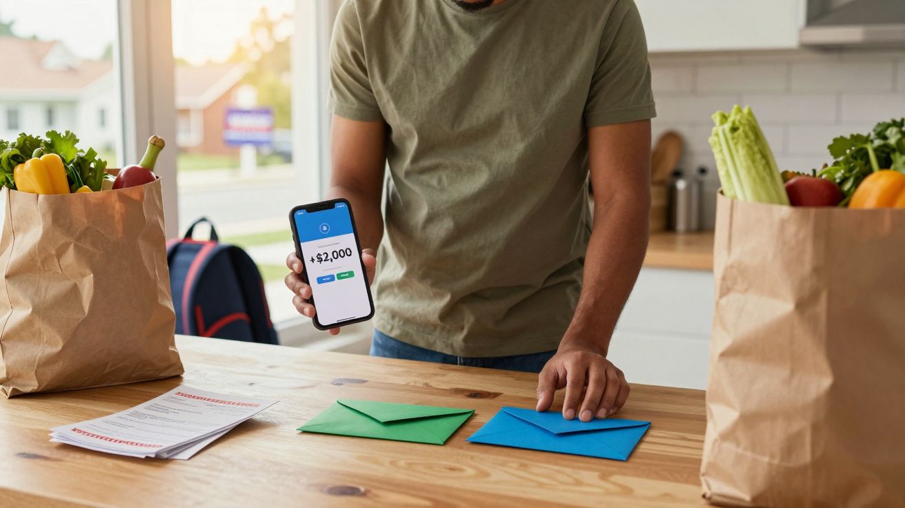 Homem mostrando celular com saldo de $2.000, cercado por sacolas de compras com vegetais, em uma cozinha ensolarada.
