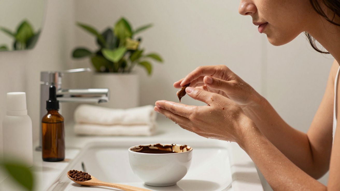 Mulher aplicando esfoliante de café no rosto, em um banheiro com plantas ao fundo e produtos sobre a pia.