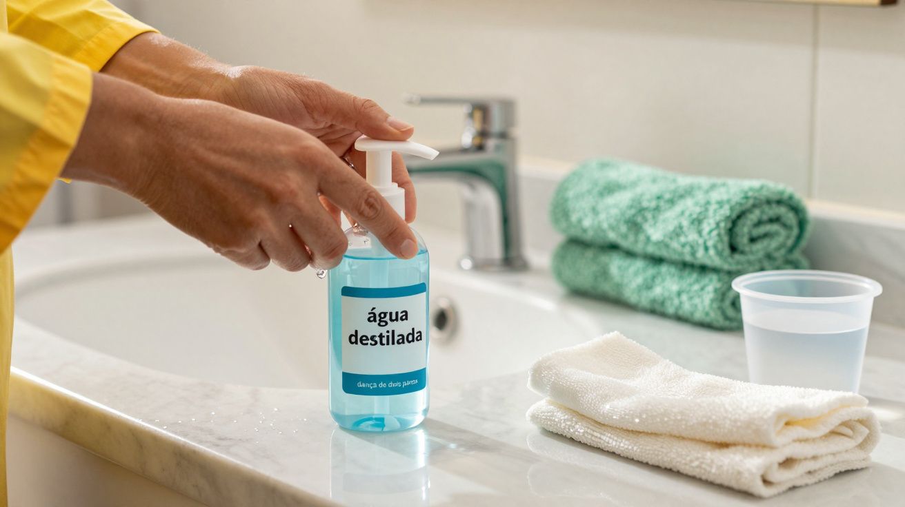 Pessoa de casaco amarelo pressionando o dispensador de uma garrafa de água destilada sobre pia de banheiro.