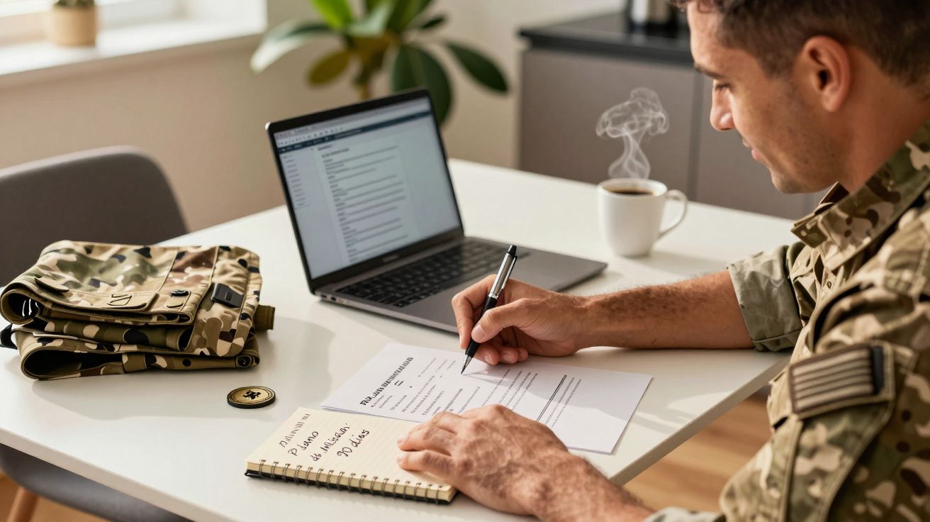 Homem em uniforme militar escreve em documentos, com laptop e café na mesa. Mochila camuflada ao lado.