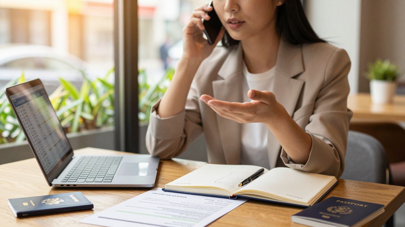 Mulher ao telefone em escritório, com laptop, passaporte, caderno aberto e documentos sobre a mesa.