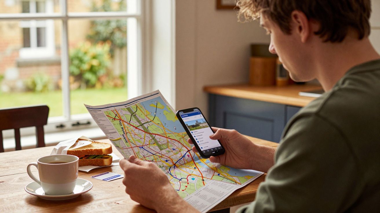 Homem segura mapa e celular em mesa com café e sanduíche, próximo a janela iluminada.