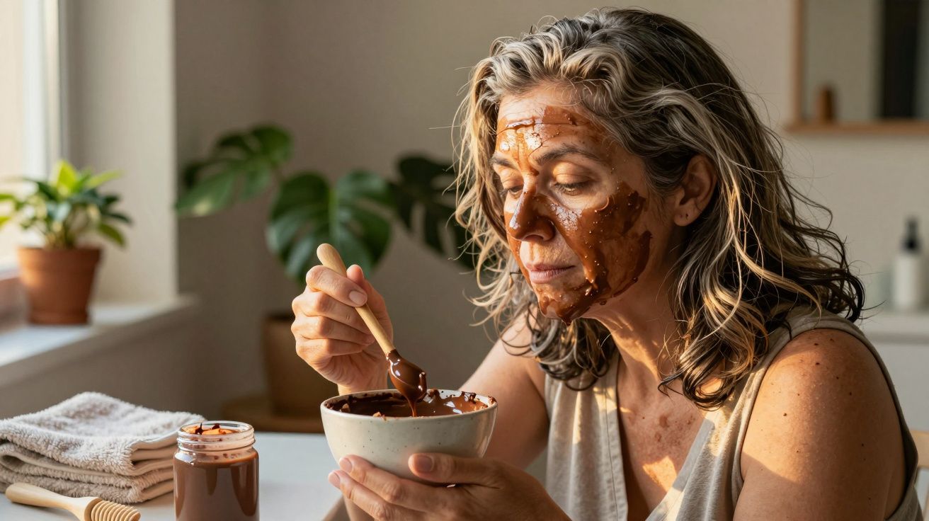 Mulher aplica máscara facial de chocolate enquanto segura tigela na cozinha iluminada por luz natural.