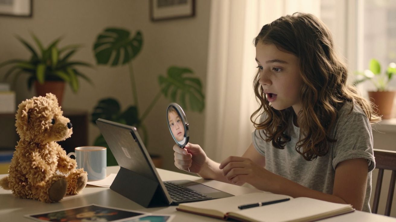 Menina segurando um espelho e olhando para laptop em uma mesa com urso de pelúcia, caderno e plantas ao fundo.