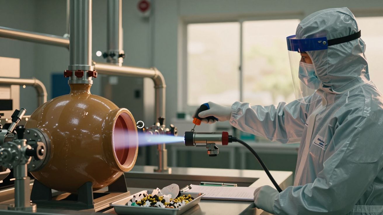 Técnico em roupa de proteção usa maçarico em equipamento industrial em laboratório.