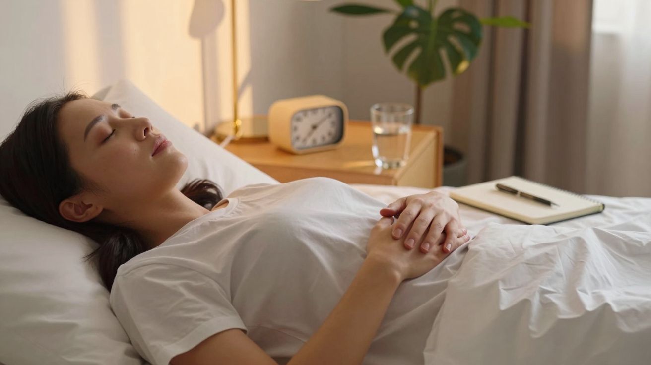 Mulher deitada na cama em ambiente calmo, com relógio, copo d'água e caderno sobre o criado-mudo ao lado.