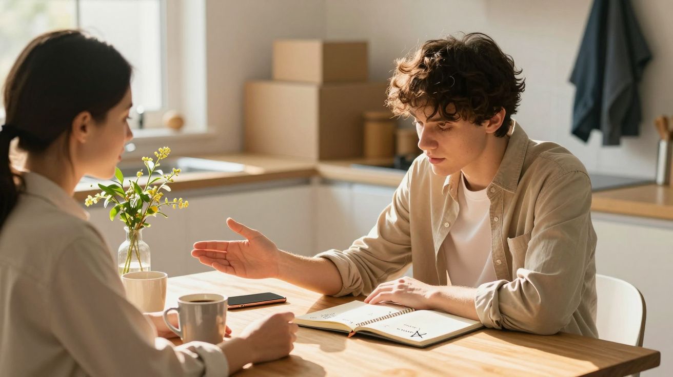 Dois jovens conversam em uma cozinha iluminada, com um caderno aberto sobre a mesa.