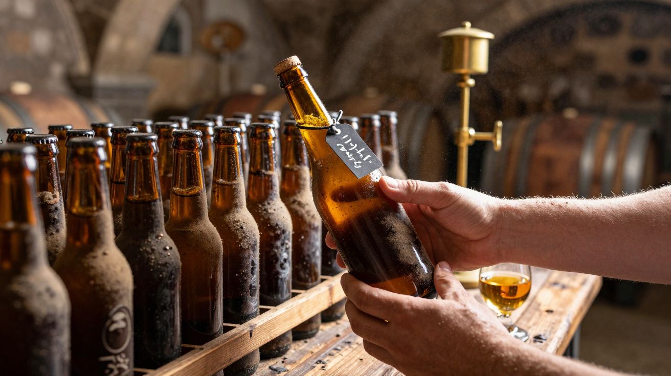 Pessoa segurando garrafa de cerveja em adega com várias outras garrafas ao fundo.