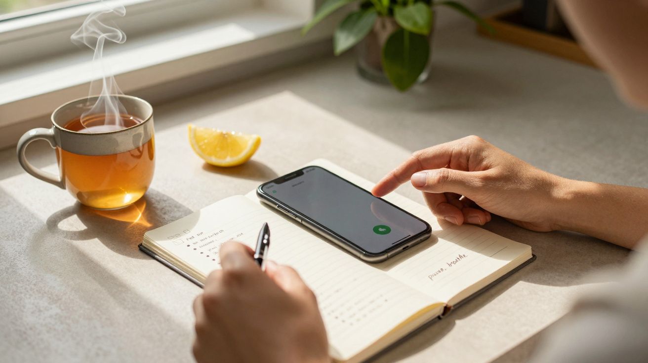 Pessoa com caderno e caneta ao lado de um celular em chamada, chá e fatia de limão na mesa.