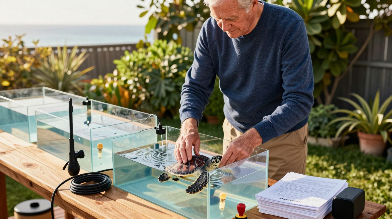 Homem idoso cuida de tartaruga em caixa d'água ao ar livre, com plantas ao fundo.