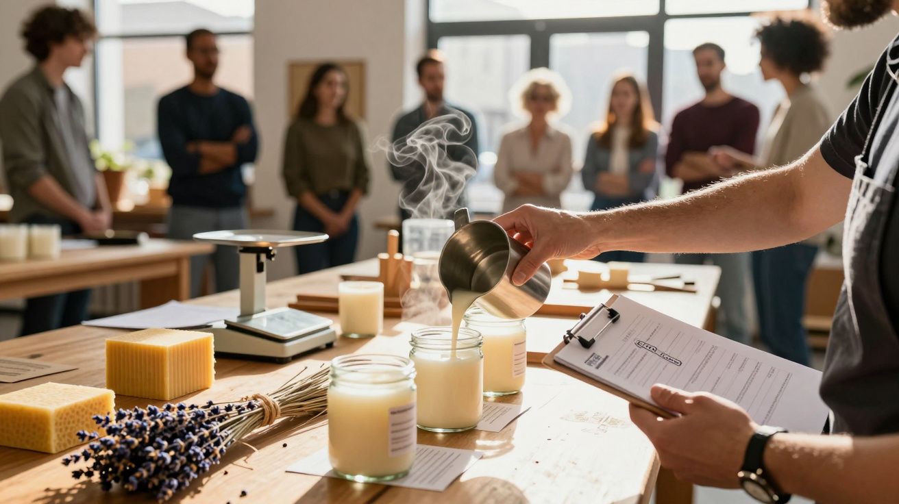 Pessoa despejando cera em potes em oficina de fabricação de velas, com grupo de pessoas ao fundo observando.