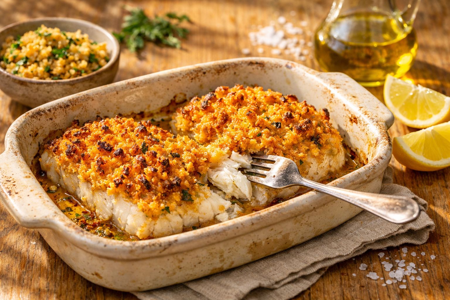 Lombo de bacalhau com crosta dourada em travessa de cerâmica, acompanhado de farofa e limões fatiados.