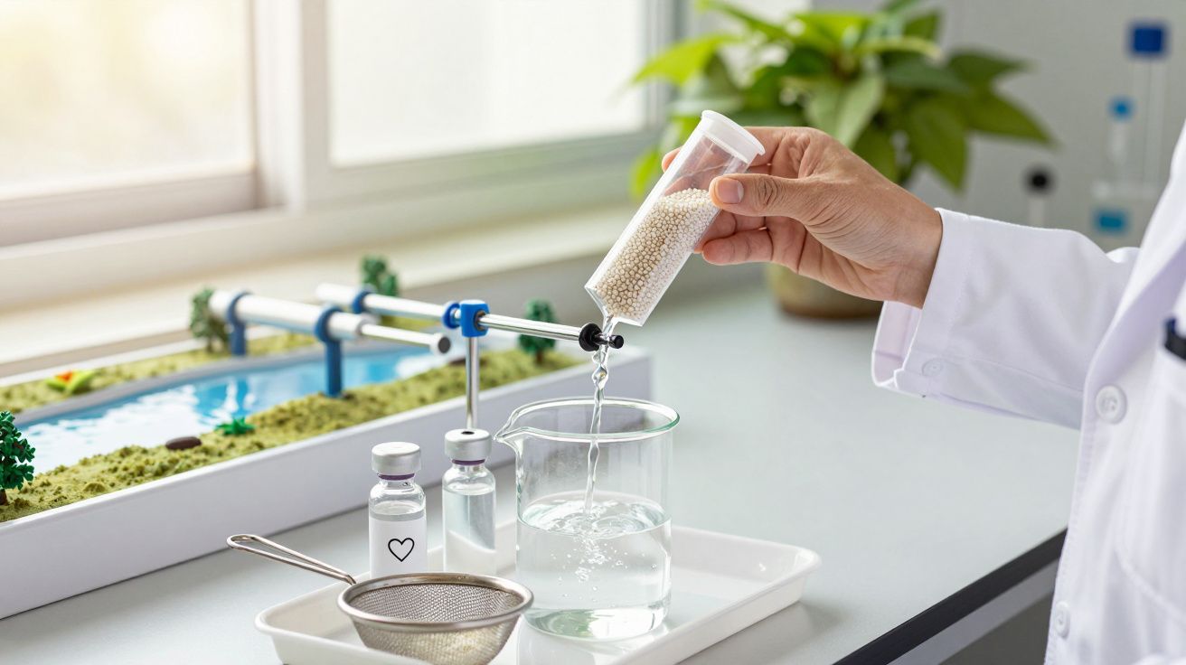 Cientista adiciona partículas em frasco de água no laboratório, ao lado de modelo de estação de tratamento de água.