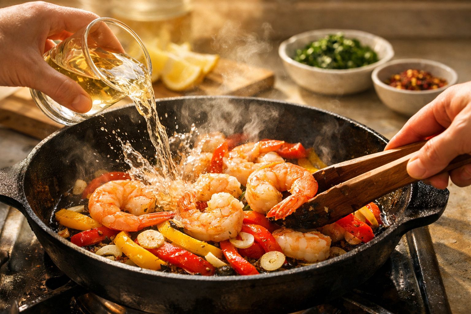 Camarão cozinhando em frigideira com legumes e azeite, sendo mexido com pegador de madeira.