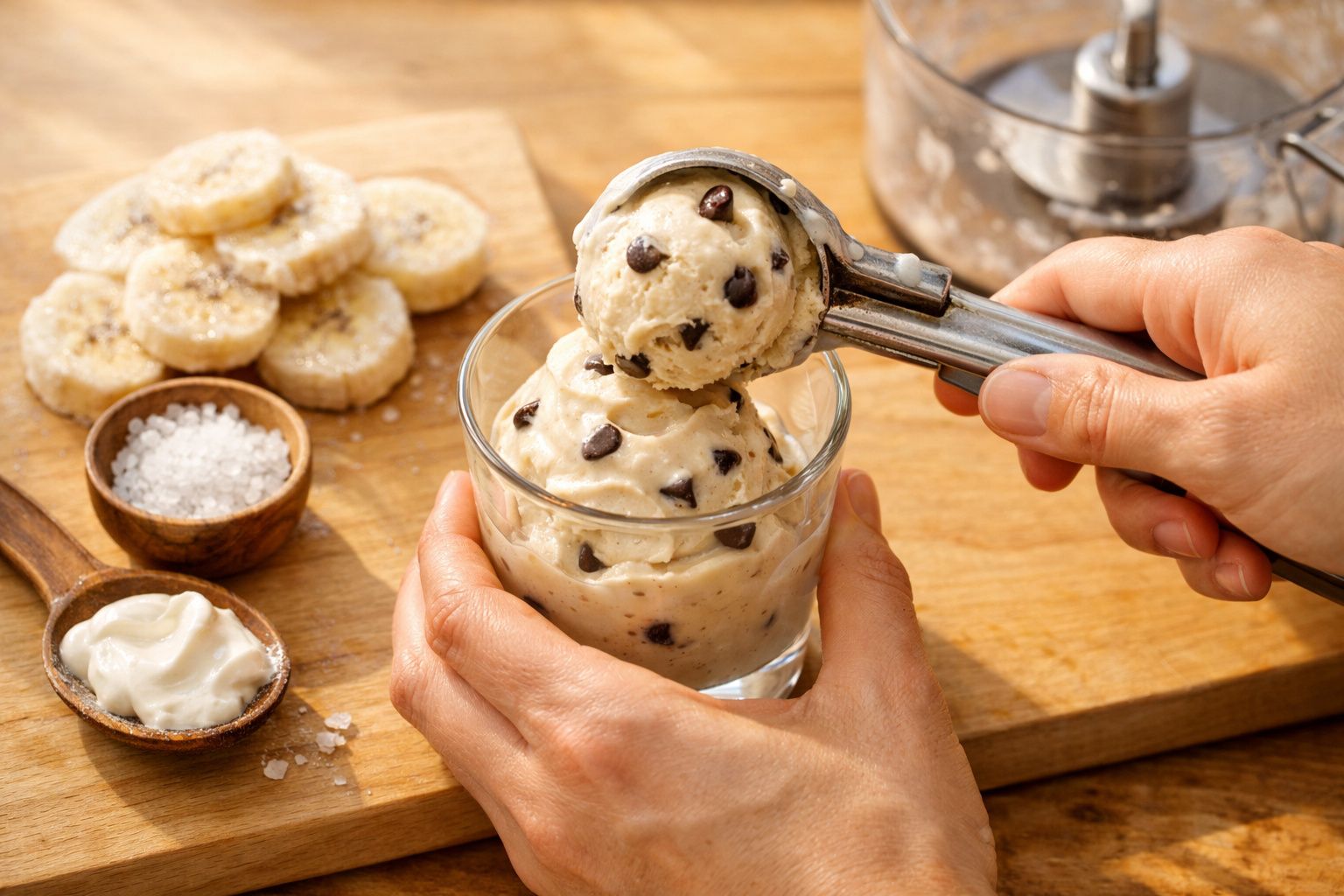 Mãos servem sorvete de banana com gotas de chocolate em copo, com fatias de banana e ingredientes ao fundo.