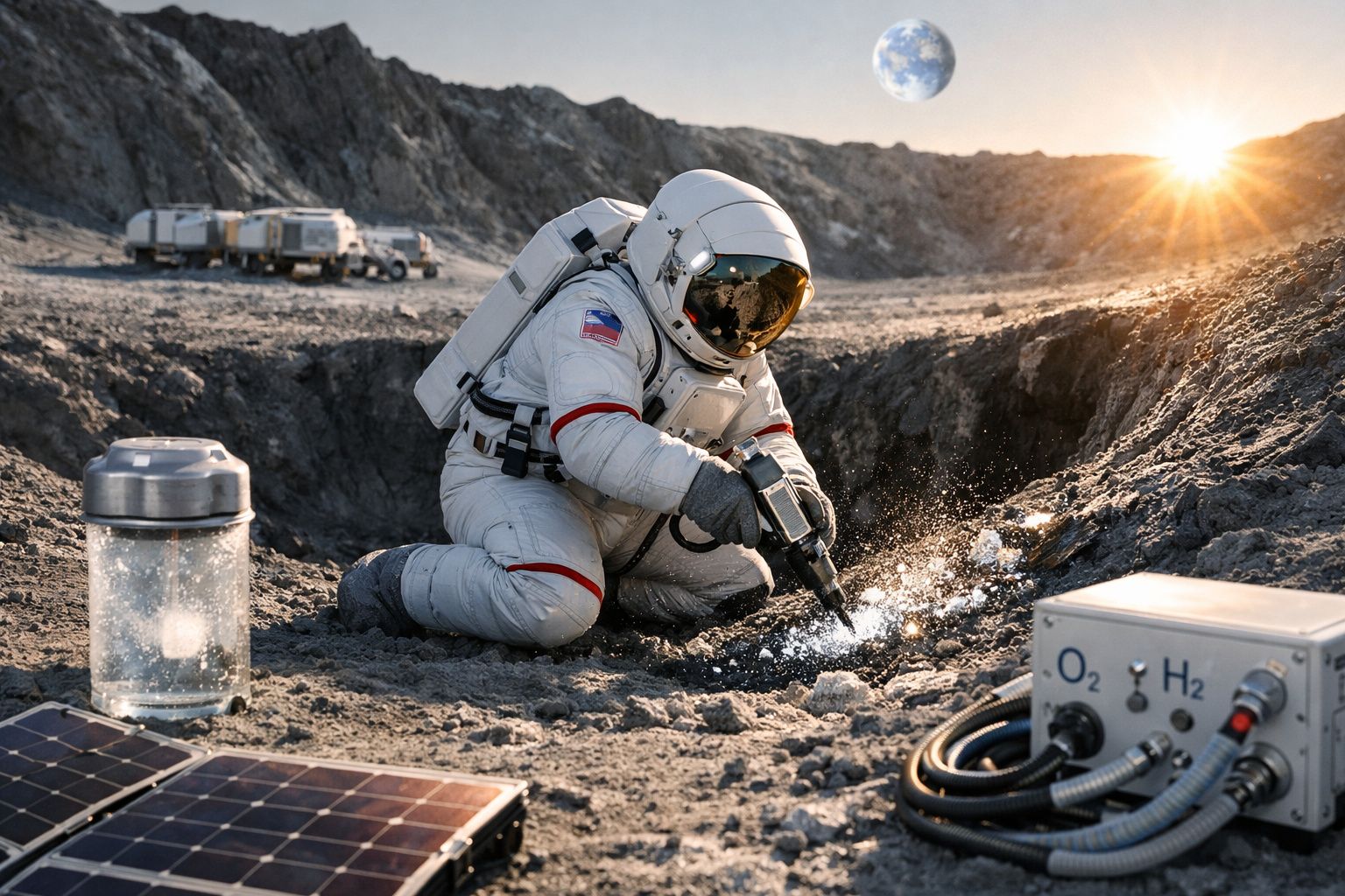 Astroauta coletando amostras em solo lunar ao pôr do sol, com equipamentos e base ao fundo.