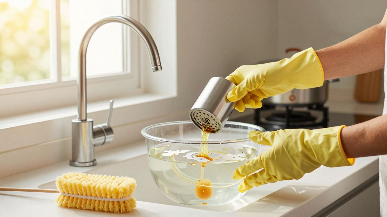 Mãos com luvas amarelas despejando restos de líquidos em uma tigela na pia, com escova amarela ao lado.