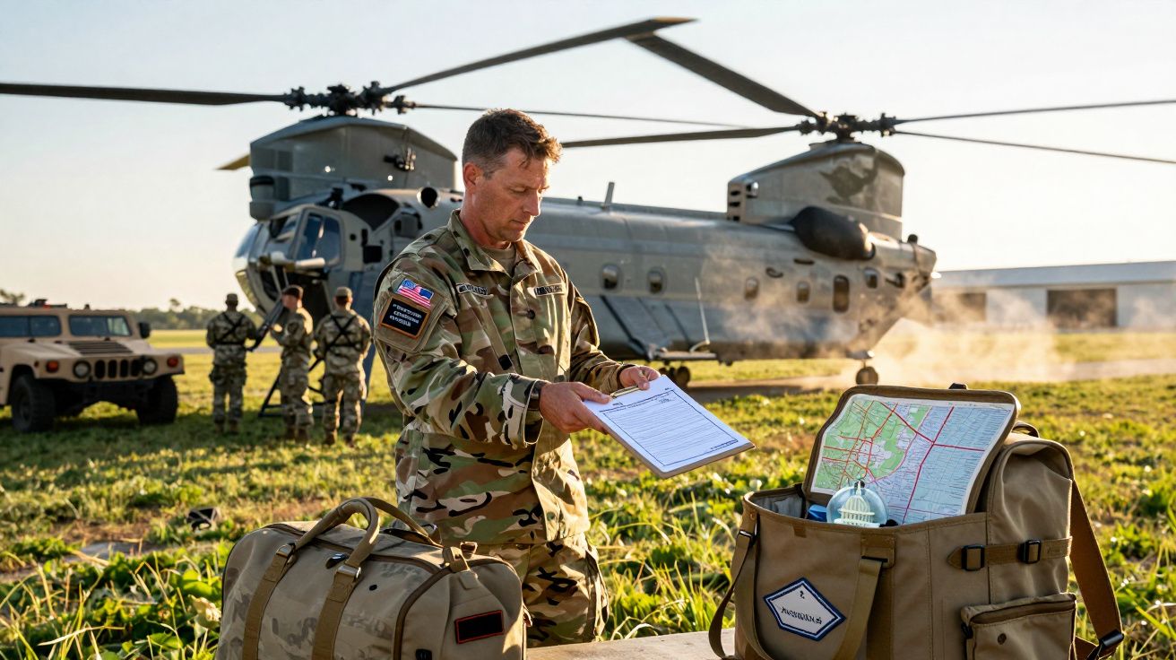 Soldado examina documentos perto de helicóptero militar em campo, com veículo militar e colegas ao fundo.