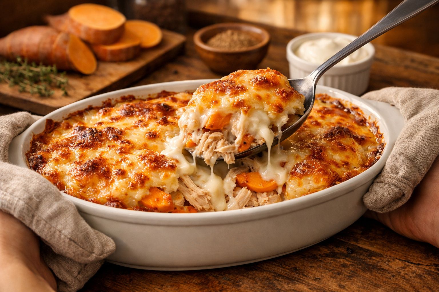 Gratinado de frango com batata-doce em travessa, sendo servido com colher.