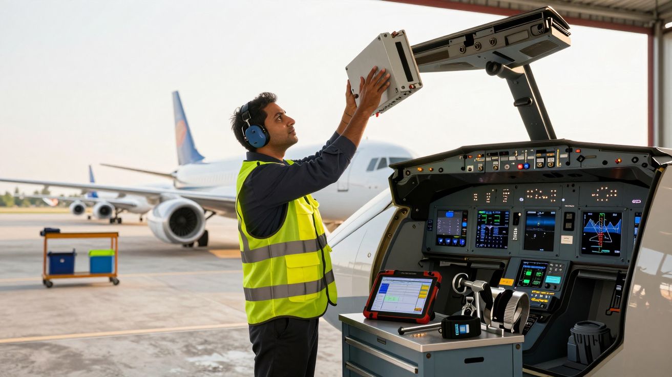Funcionário inspeciona equipamento em aeroporto, ao lado de uma aeronave e painel de controle.
