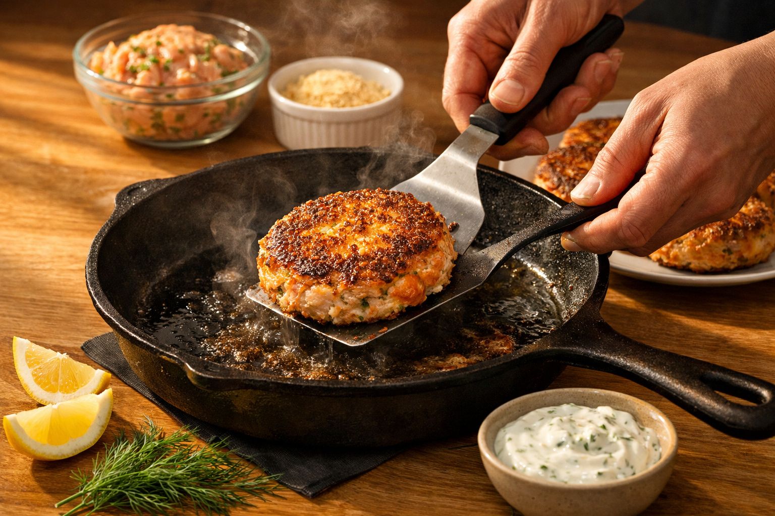 Mãos virando hambúrguer de salmão dourado em frigideira de ferro, com molhos e limões ao redor.