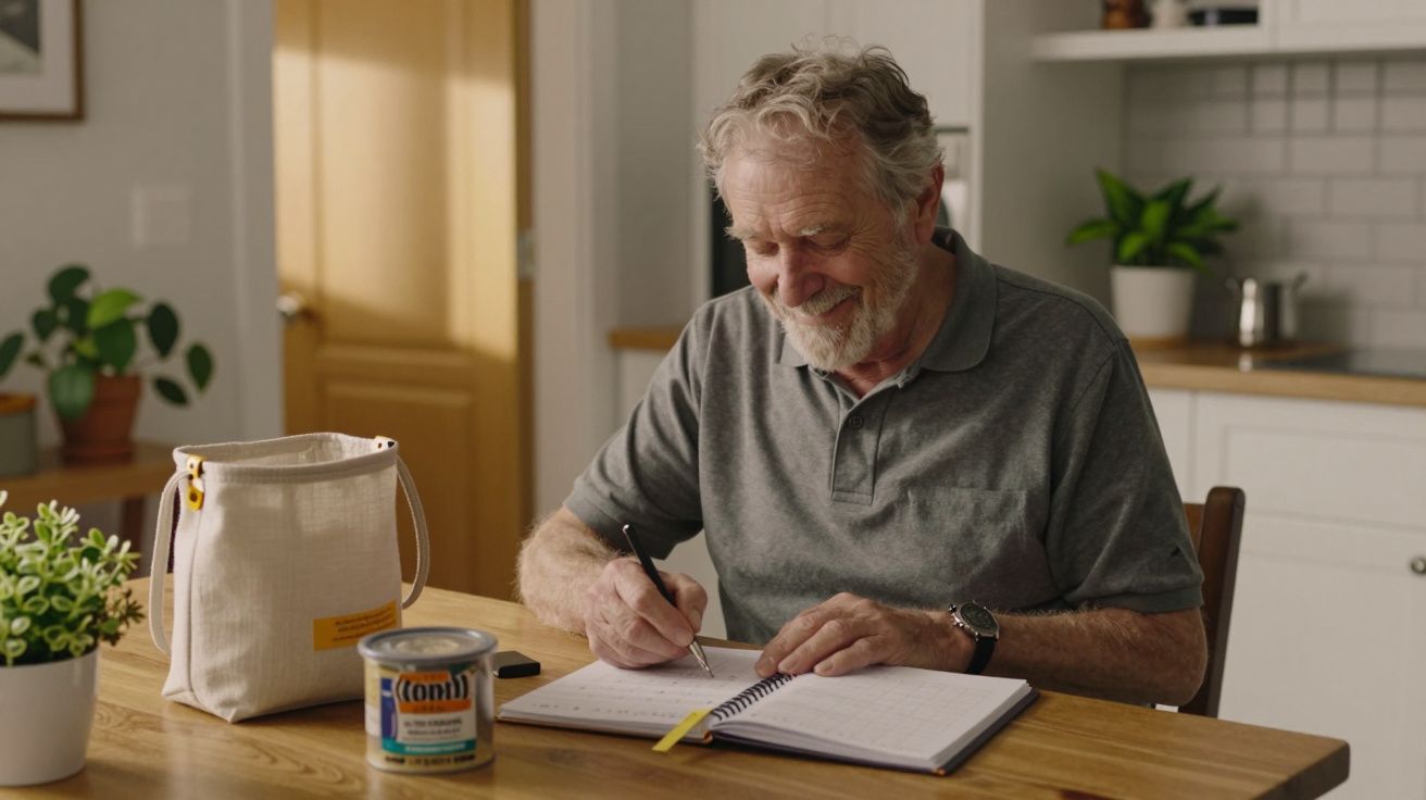 Homem idoso escrevendo em caderno na cozinha, ao lado de bolsa e lata sobre a mesa. Ambiente iluminado e plantas ao fundo.