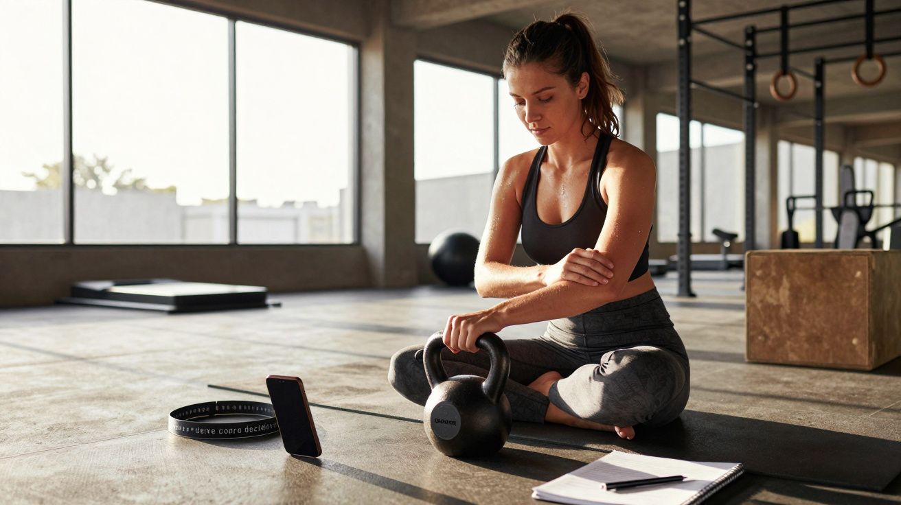 Mulher em academia sentada no chão, ajustando o pulso, com kettlebell, smartphone e caderno ao redor.