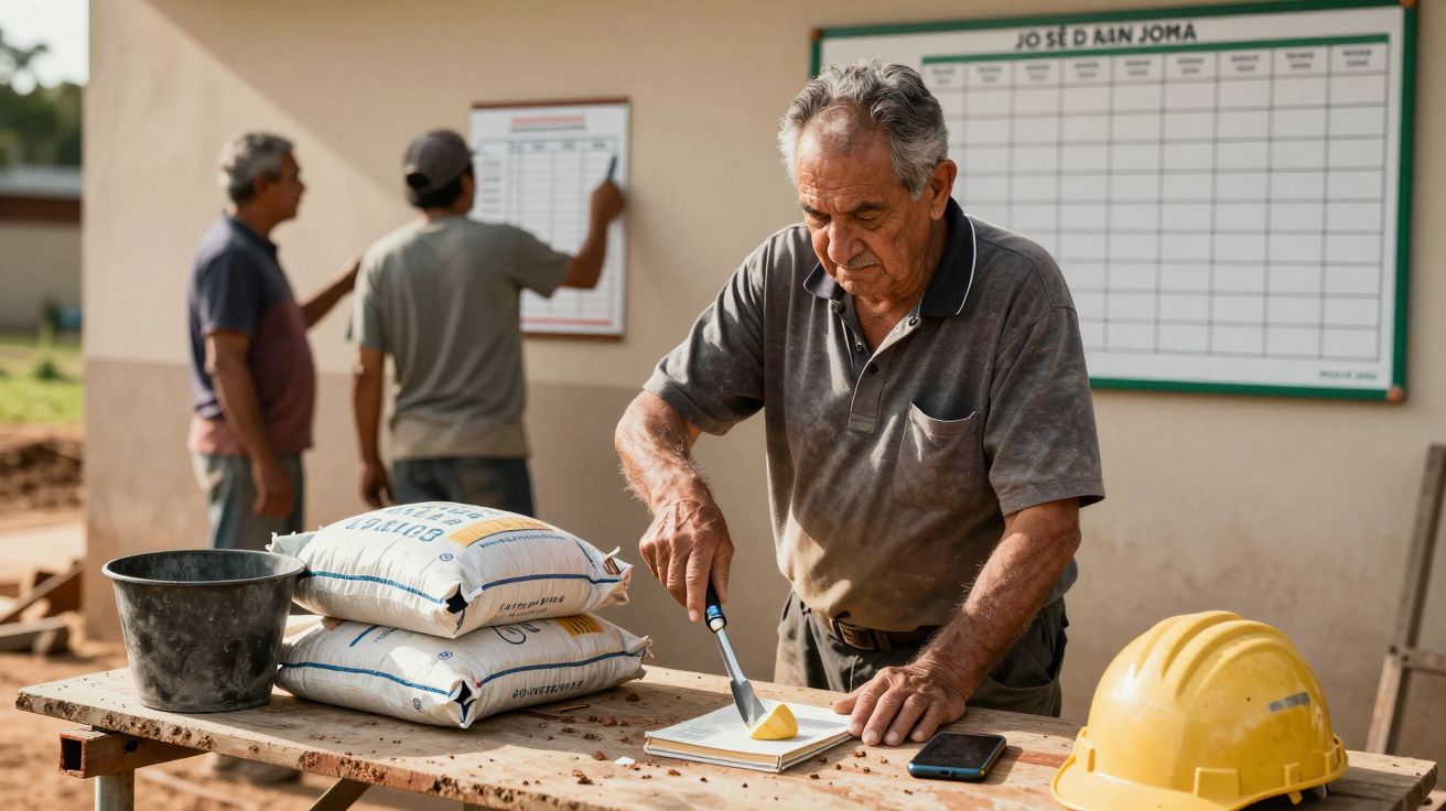 Homem idoso trabalha em uma obra, mexendo em papéis sobre a mesa. Capacete amarelo e sacos ao lado.