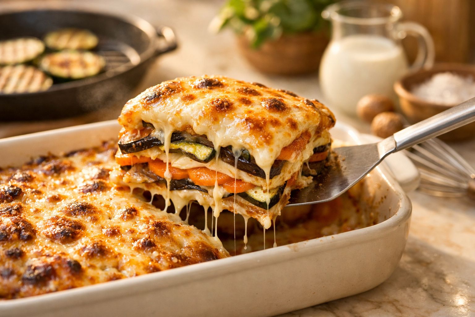 Fatia de lasanha de vegetais com queijo derretido sendo servida de uma travessa em ambiente de cozinha.