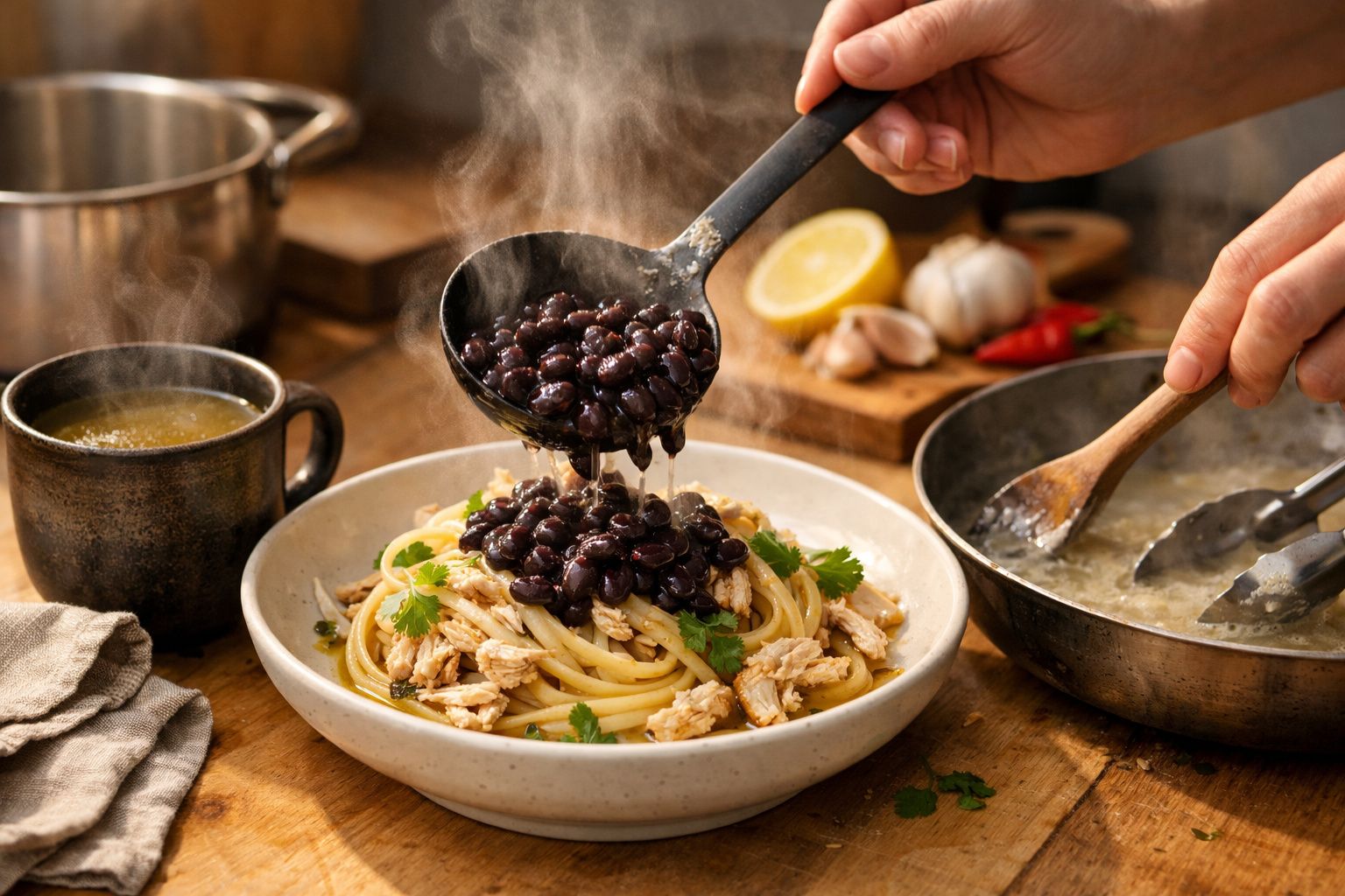 Mãos servindo feijão preto quente sobre espaguete com frango desfiado em uma tigela, em uma cozinha rústica.