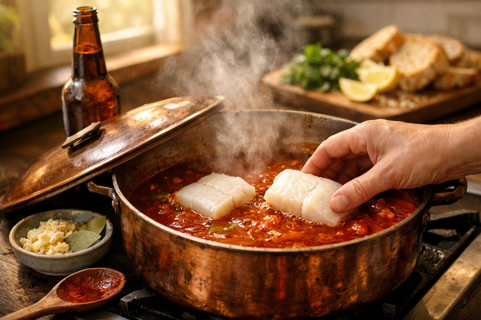 Mão adiciona pedaço de peixe em panela de cobre com ensopado vermelho fumegante; pão, limão e ervas ao fundo.