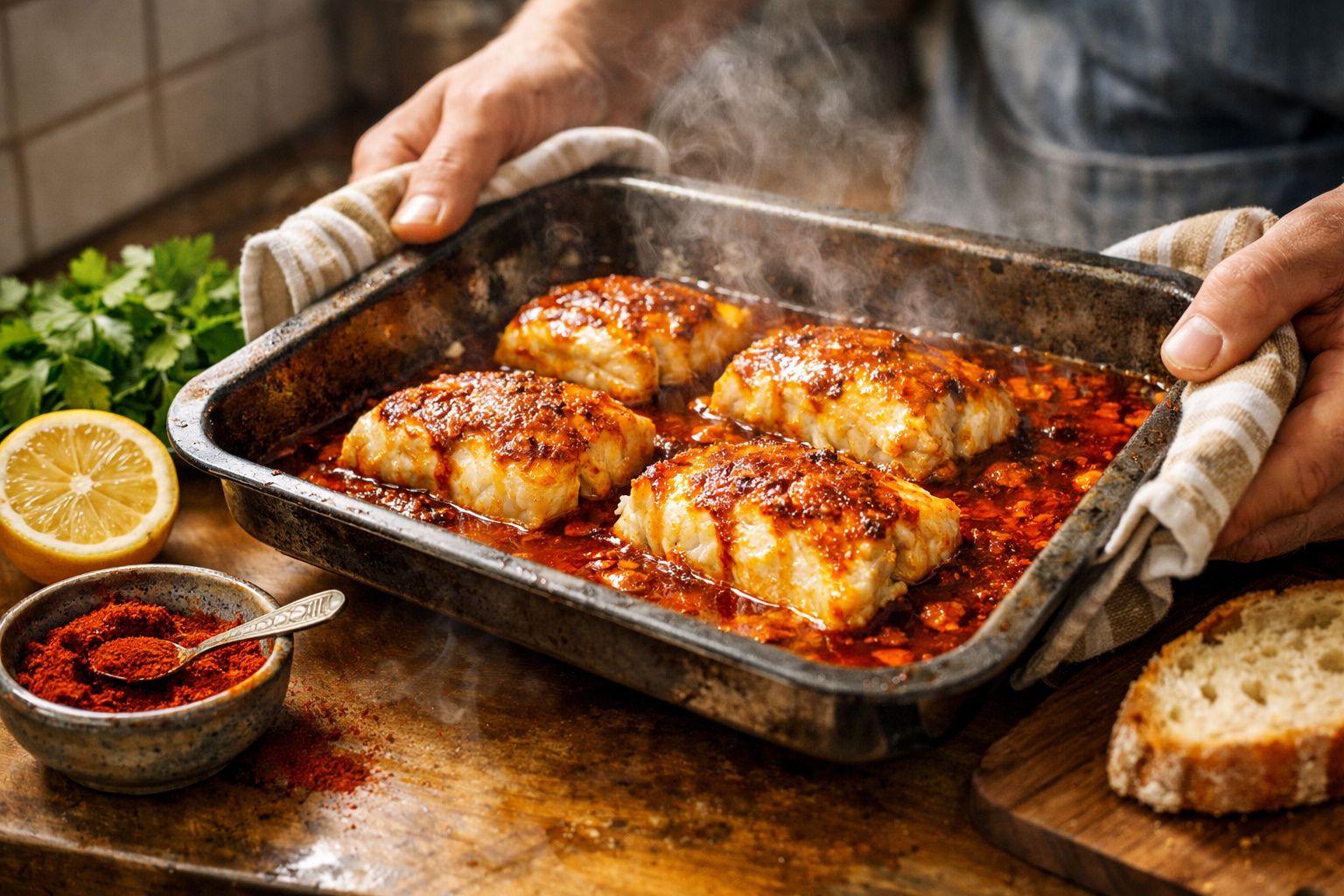 Peixe assado com tempero vermelho em assadeira sendo segurada por uma pessoa, ao lado de limão, páprica e pão.