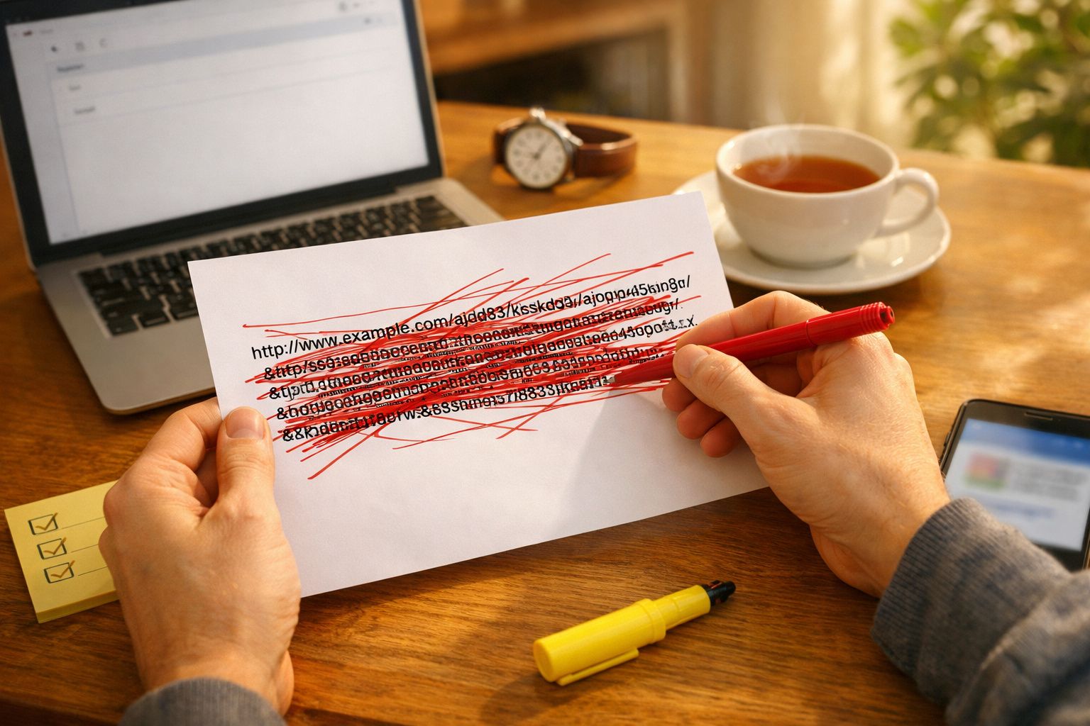 Pessoa riscando URL em papel, com laptop e xícara de chá ao fundo.
