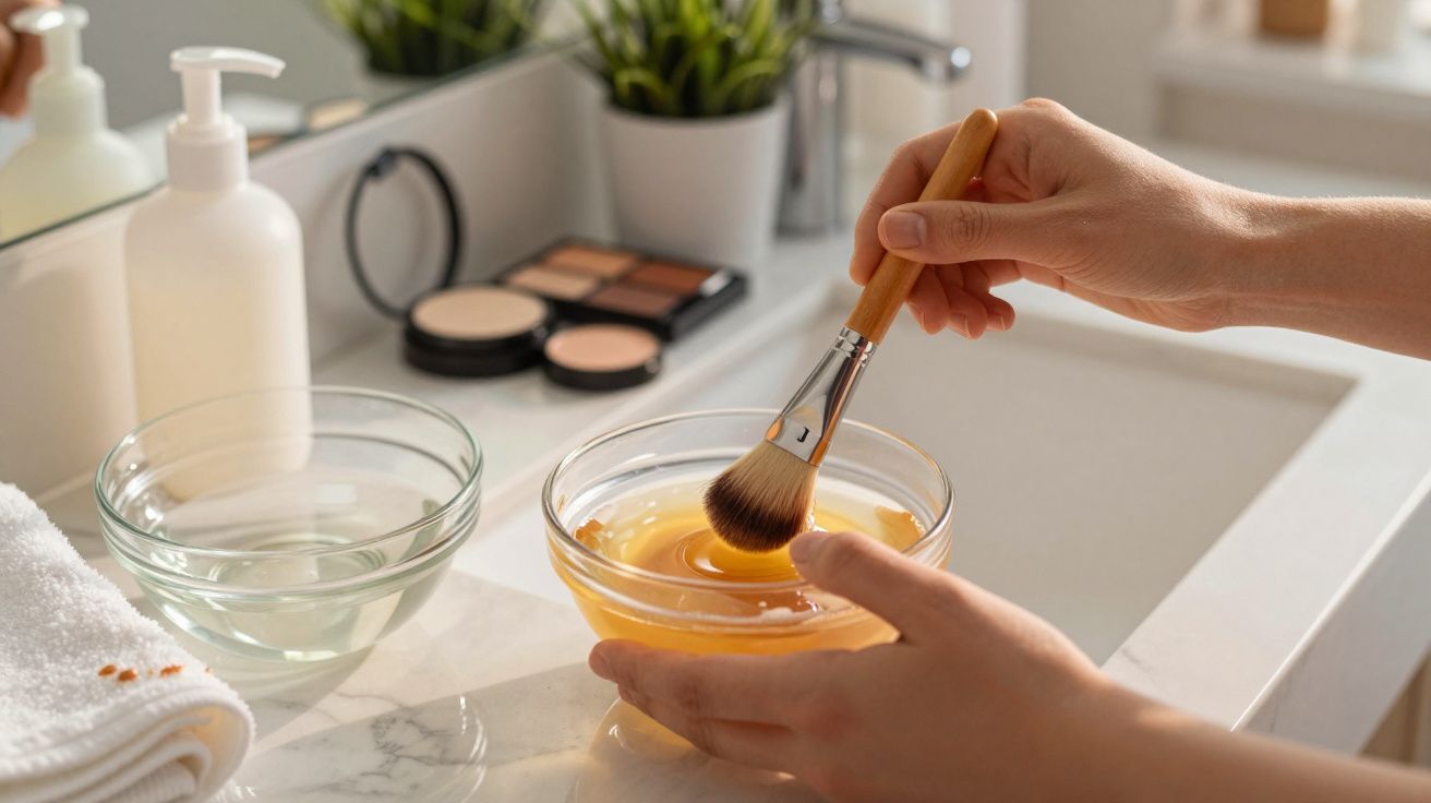 Mãos segurando pincel mergulhado em tigela com líquido amarelo em pia, maquiagem e toalha ao fundo.