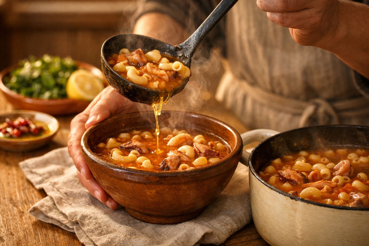 Prato de sopa quente com macarrão e legumes, servido em tigela de barro. Fatias de pão, limão e pimenta ao lado.