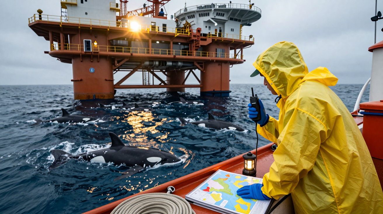 Pessoa de capa amarela observa orcas no mar ao lado de uma plataforma petrolífera.