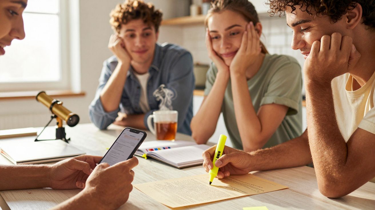 Quatro pessoas discutem em uma mesa, uma segurando marca-texto e outra usando celular. Papel e caderno abertos.