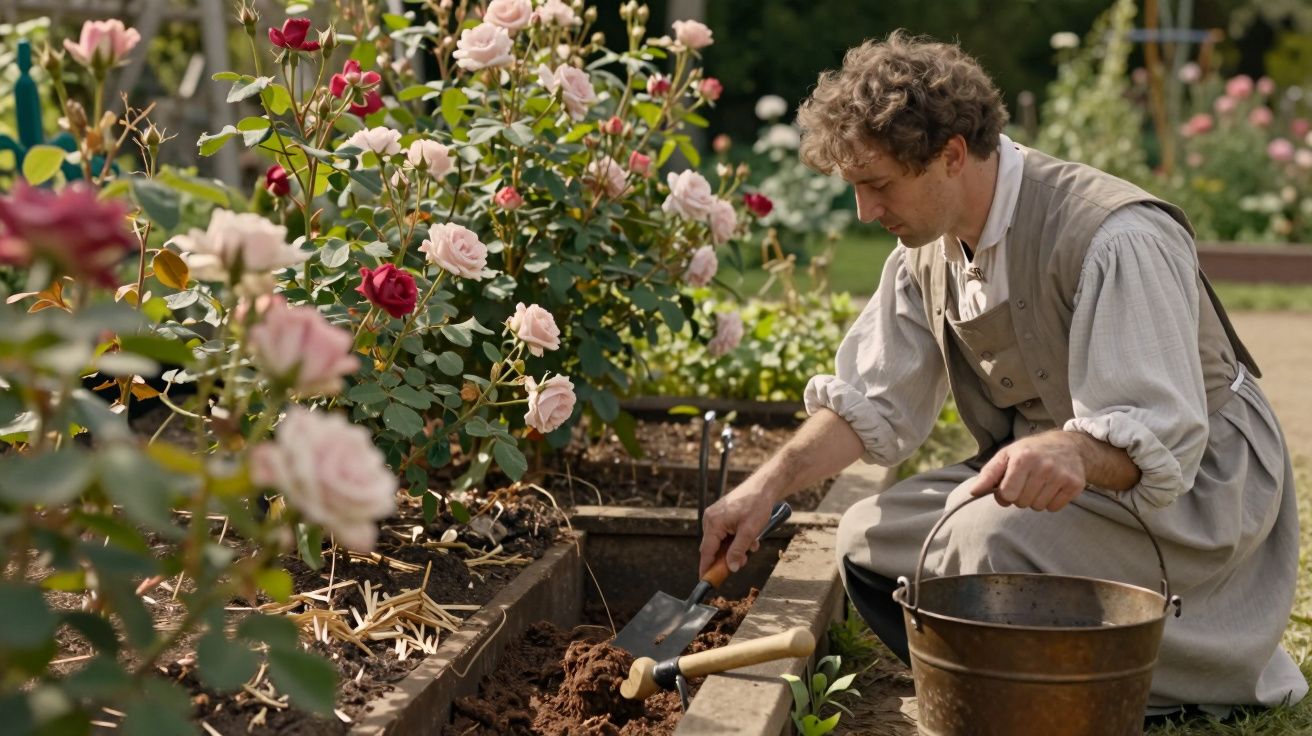 Homem cuidando de roseiras em um jardim, segurando uma pá enquanto trabalha no solo ao lado de um balde.