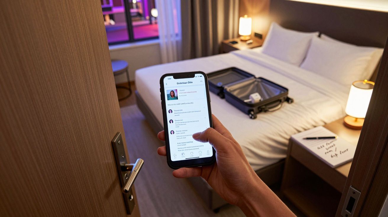 Pessoa segurando celular com aplicativo de mensagens, entrando em quarto de hotel com mala aberta sobre a cama.
