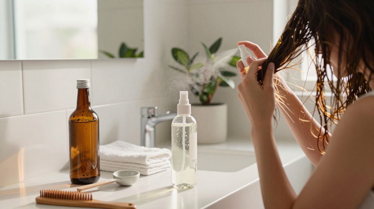 Mulher aplicando spray no cabelo em um banheiro, com produtos e toalhas sobre a pia.