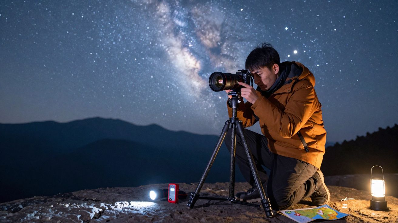 Homem fotografando a Via Láctea com câmera em tripé, vestido com casaco laranja, em ambiente montanhoso à noite.