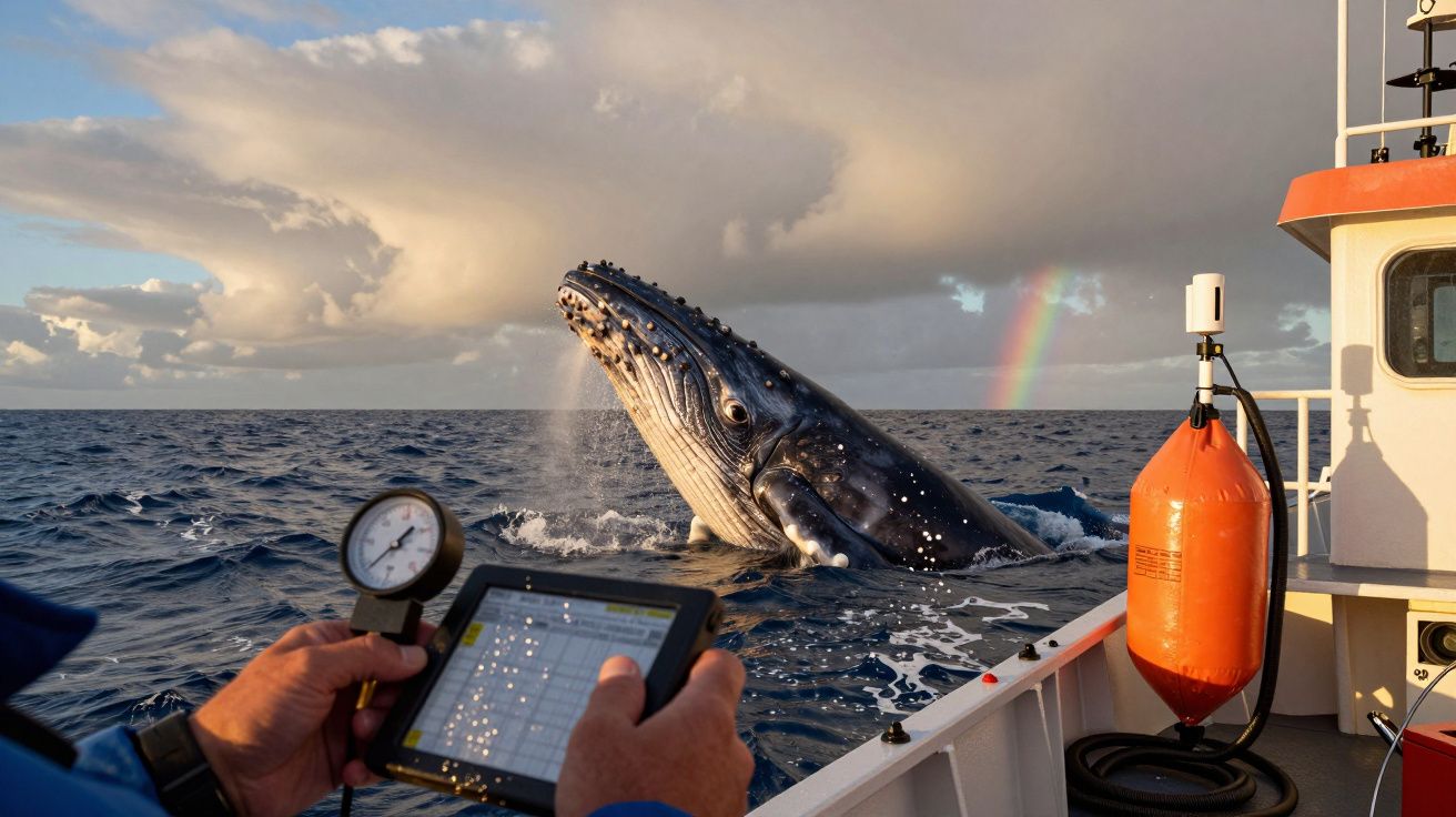 Pessoa em barco observa baleia jubarte saltando do mar com arco-íris ao fundo.