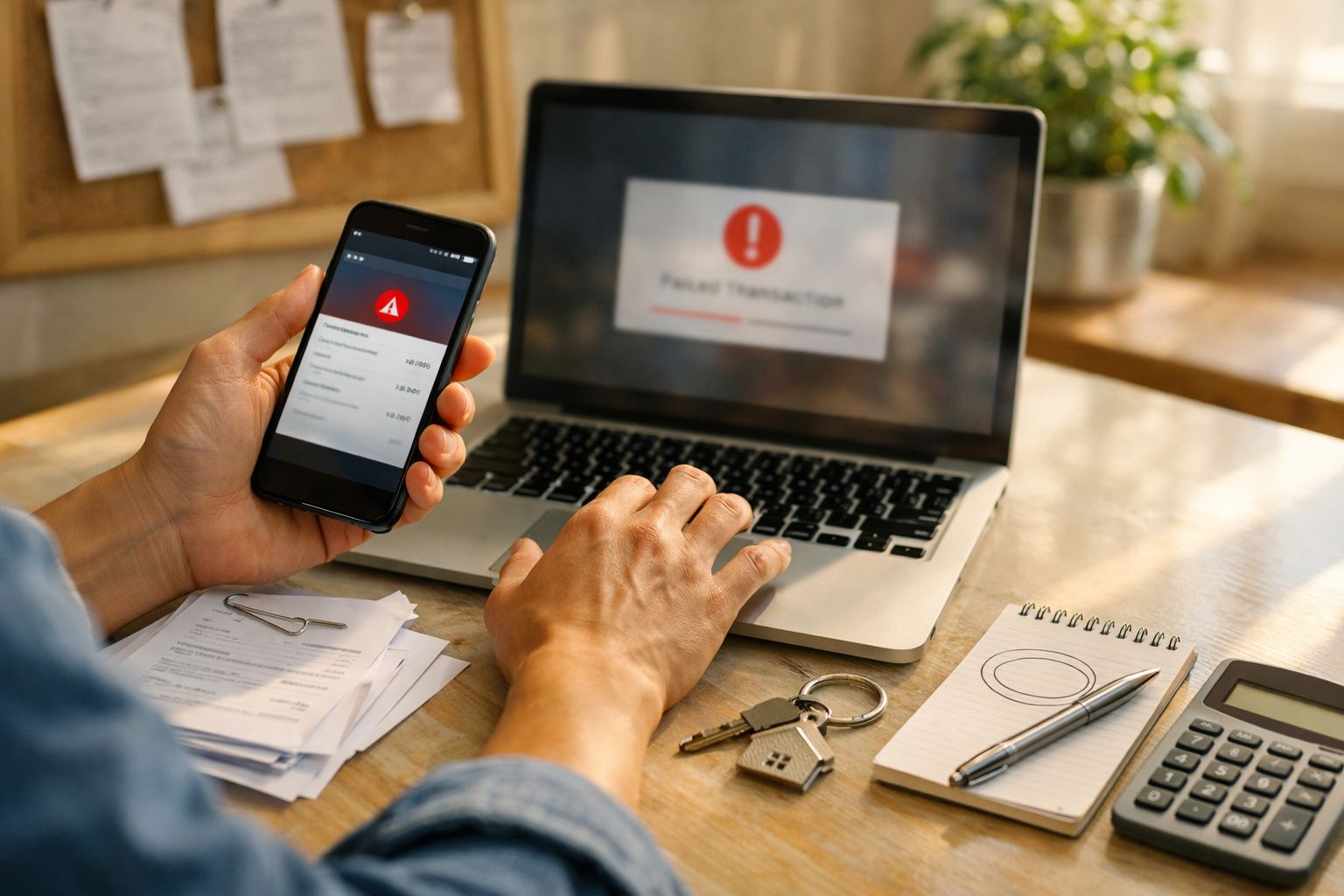 Pessoa verificando alerta de segurança em smartphone e laptop, com mesa cheia de papéis, chave, calculadora e caderno.