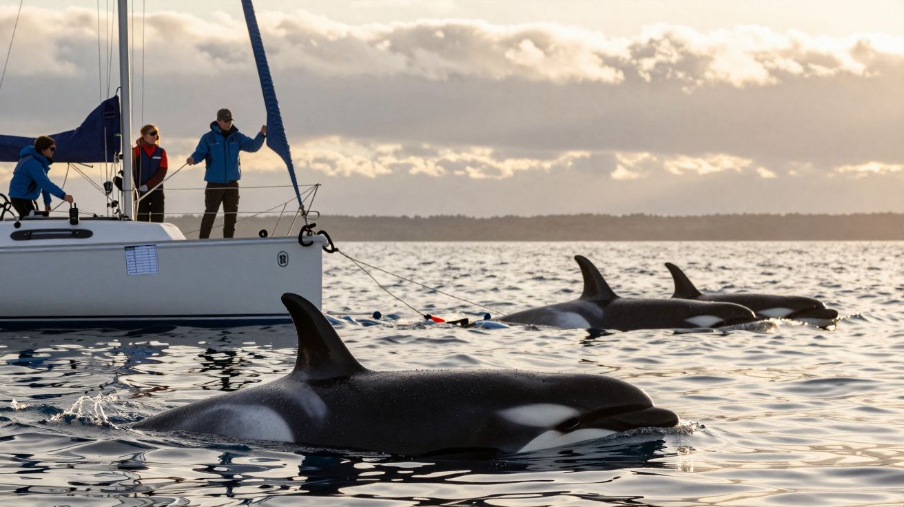 Três orcas nadam próximas a um barco branco com pessoas observando, ao entardecer em um mar calmo.