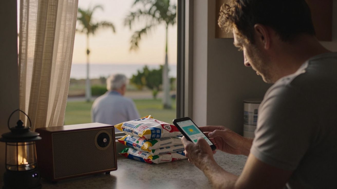 Homem mexe no celular em cozinha, rádio e pacotes de açúcar na bancada, idoso sentado do lado de fora ao fundo.